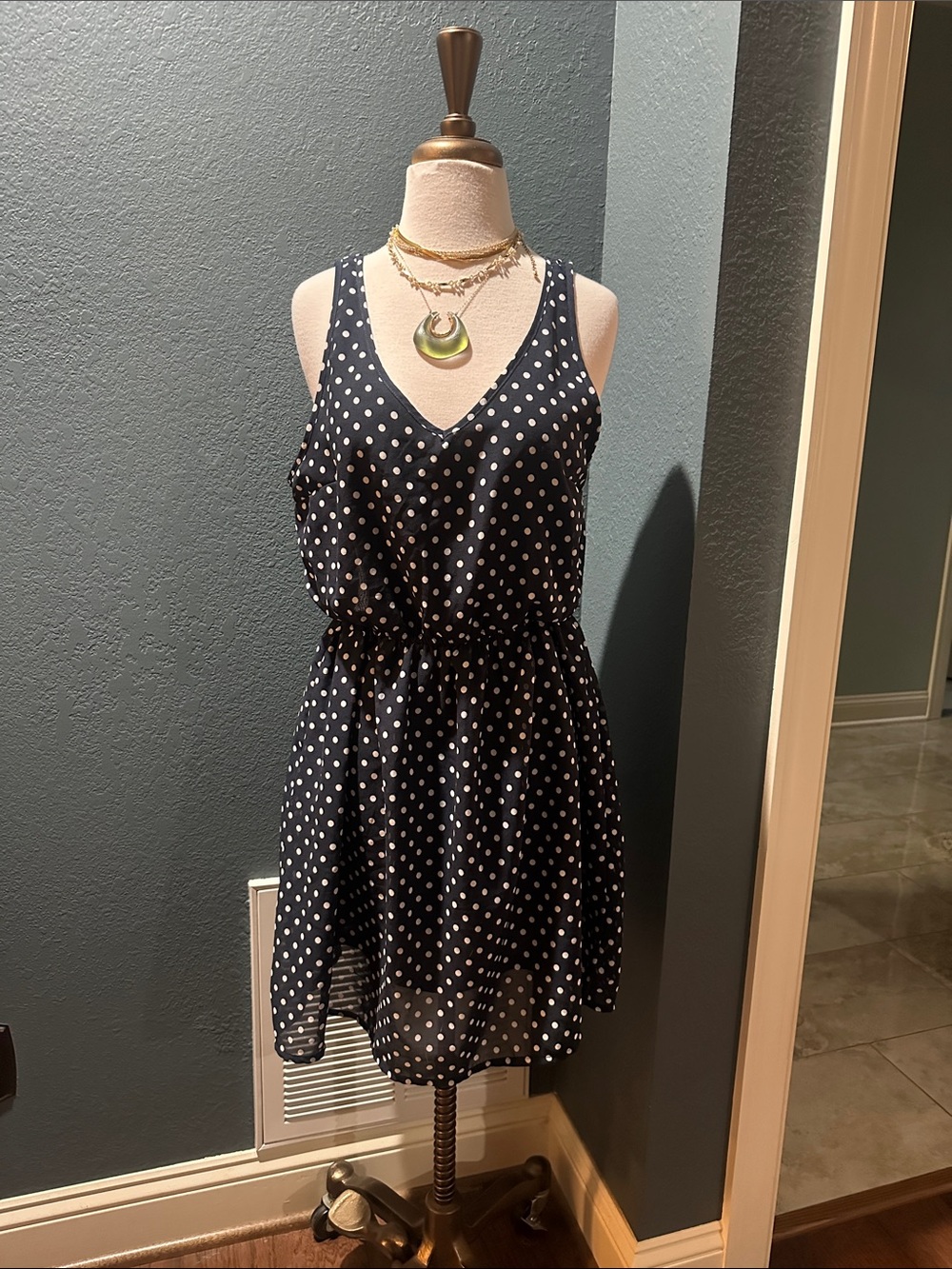 Divided Navy and White Polka Dot V-Neck Mini Dress